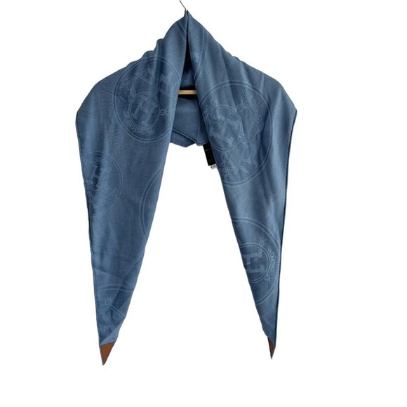 HERMES Roseange New Libris GM -Blue Denim Cashmere Silk Leather Scarf 643-072525 - Picture 1 of 5